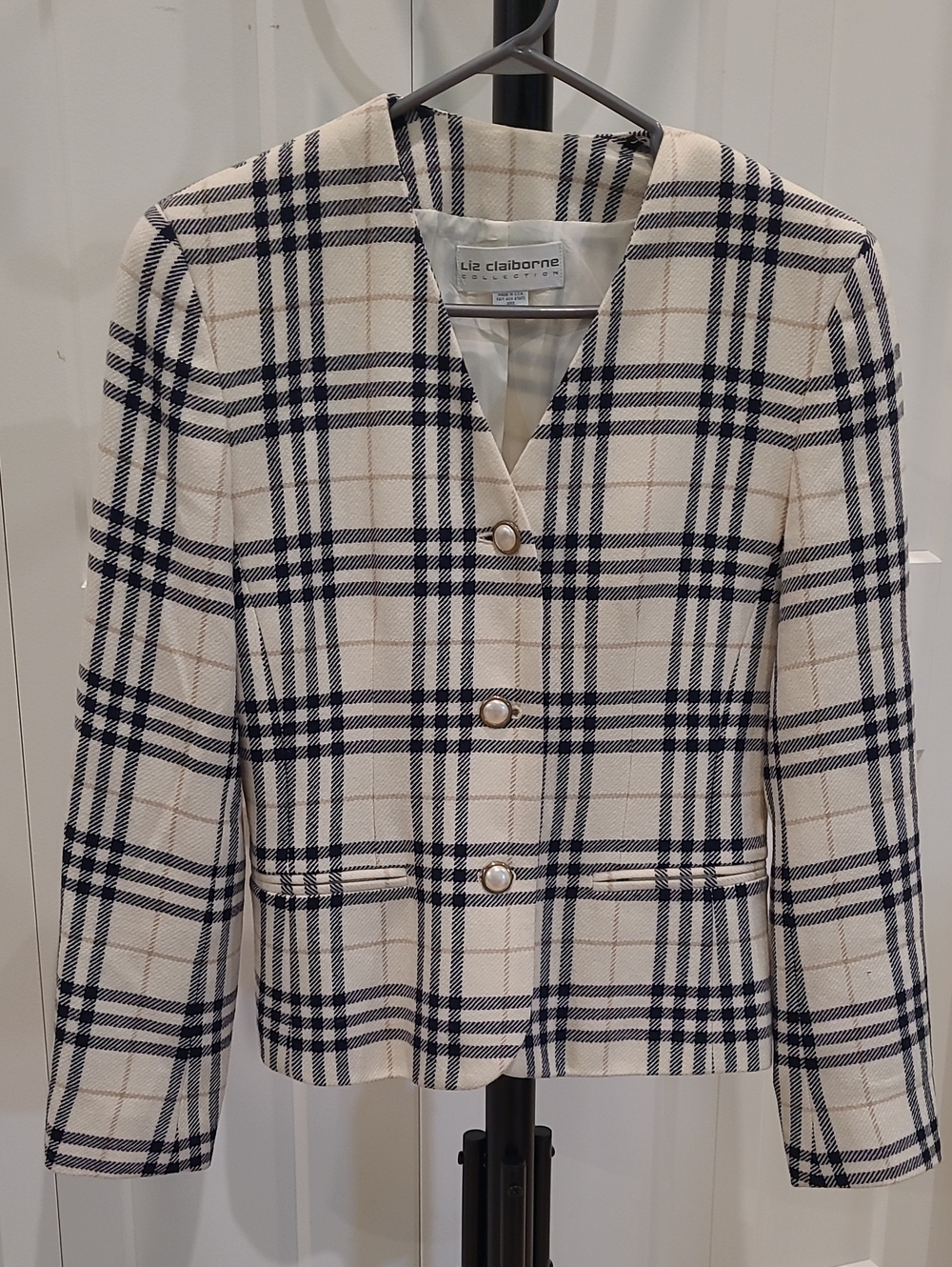Vintage Liz Claiborne Cream and Navy Plaid Button Blazer